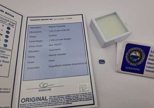 E.G.L Certified 1,330 ct Natural Tanzanite -Cushion -Blue-Violet Vivid AAA,-full report -in Capsule