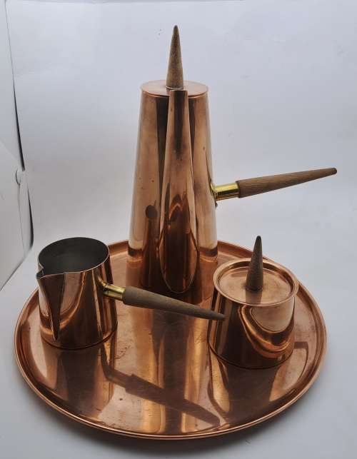 1960s  COPRAL Copper and Brass Coffee Set with Tray and Teak Handles made in Portugal
