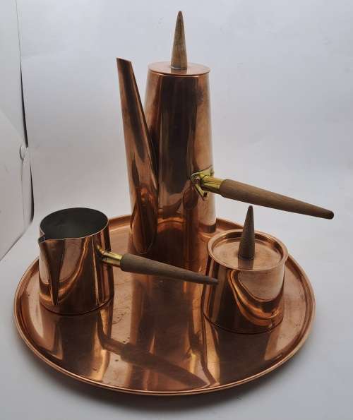 1960s  COPRAL Copper and Brass Coffee Set with Tray and Teak Handles made in Portugal