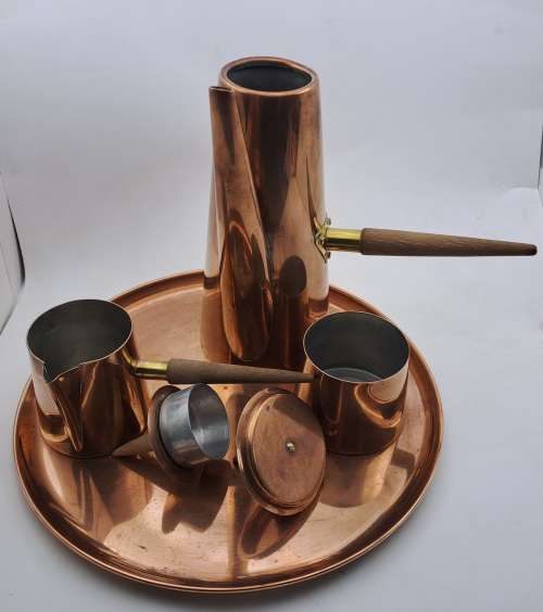 1960s  COPRAL Copper and Brass Coffee Set with Tray and Teak Handles made in Portugal