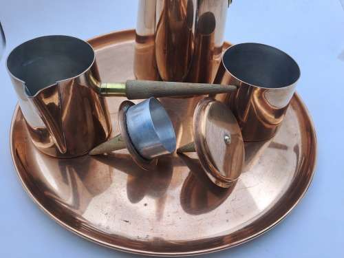 1960s  COPRAL Copper and Brass Coffee Set with Tray and Teak Handles made in Portugal