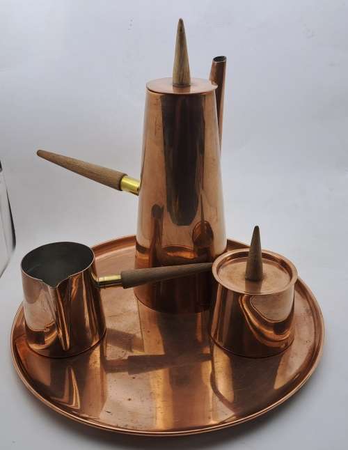 1960s  COPRAL Copper and Brass Coffee Set with Tray and Teak Handles made in Portugal