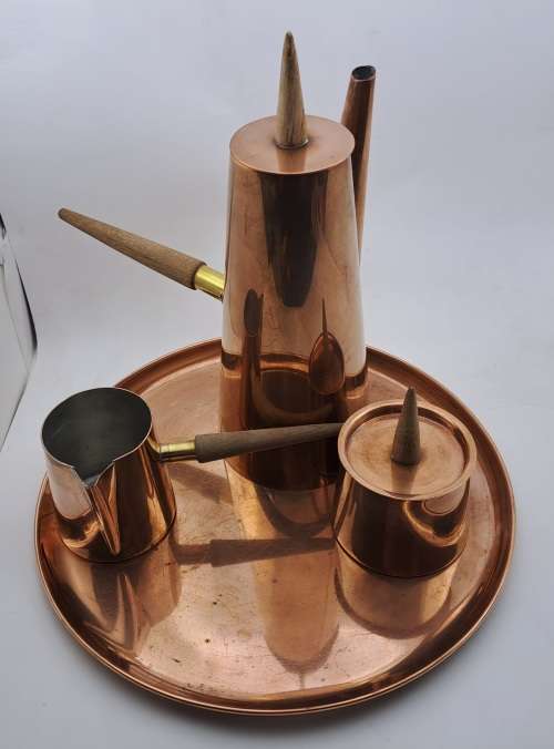 1960s  COPRAL Copper and Brass Coffee Set with Tray and Teak Handles made in Portugal