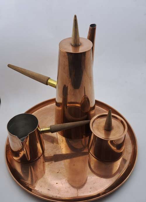 1960s  COPRAL Copper and Brass Coffee Set with Tray and Teak Handles made in Portugal