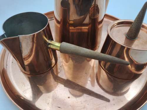 1960s  COPRAL Copper and Brass Coffee Set with Tray and Teak Handles made in Portugal