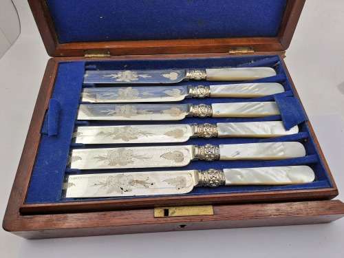 Beautiful Antique /Vintage 12pc Knife and Fork set with Mother Of Pearl Handles in wooden Box ,,