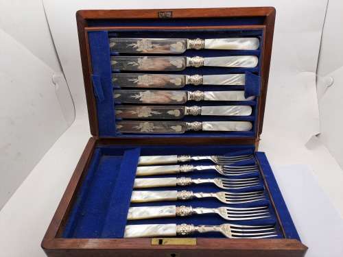 Beautiful Antique /Vintage 12pc Knife and Fork set with Mother Of Pearl Handles in wooden Box ,,