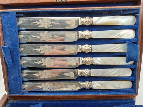 Beautiful Antique /Vintage 12pc Knife and Fork set with Mother Of Pearl Handles in wooden Box ,,