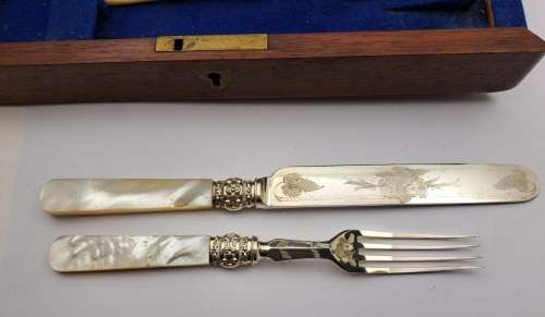 Beautiful Antique /Vintage 12pc Knife and Fork set with Mother Of Pearl Handles in wooden Box ,,