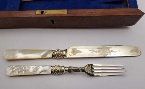 Beautiful Antique /Vintage 12pc Knife and Fork set with Mother Of Pearl Handles in wooden Box ,,