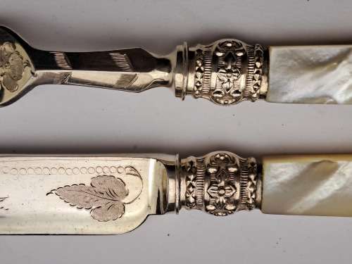 Beautiful Antique /Vintage 12pc Knife and Fork set with Mother Of Pearl Handles in wooden Box ,,