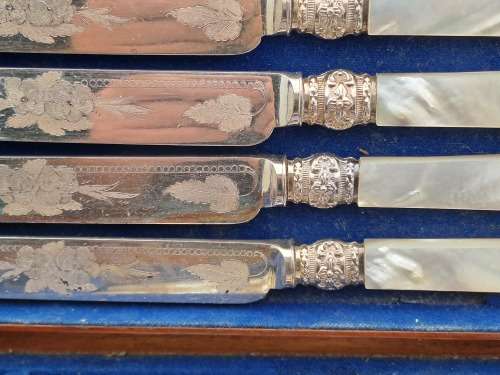 Beautiful Antique /Vintage 12pc Knife and Fork set with Mother Of Pearl Handles in wooden Box ,,