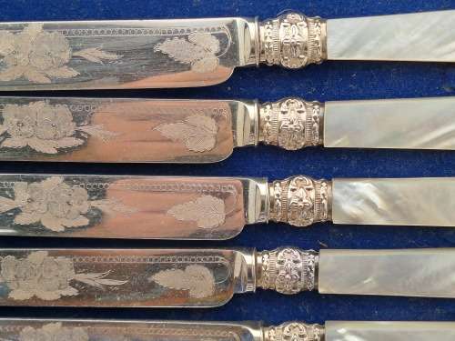 Beautiful Antique /Vintage 12pc Knife and Fork set with Mother Of Pearl Handles in wooden Box ,,