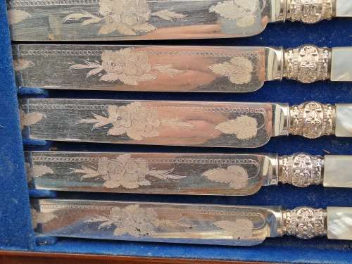 Beautiful Antique /Vintage 12pc Knife and Fork set with Mother Of Pearl Handles in wooden Box ,,