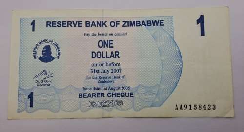 2006 Zimbabwe 1 Dollar Bearer Cheque