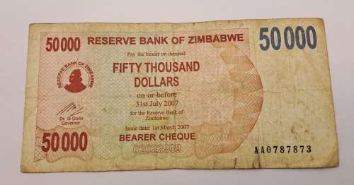 2008  Zimbabwe 50 000 Dollars Bearer Cheque