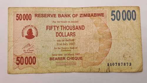 2008  Zimbabwe 50 000 Dollars Bearer Cheque