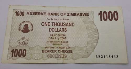 2006 Zimbabwe 1000 Dollars Bearer Cheque
