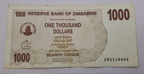 2006 Zimbabwe 1000 Dollars Bearer Cheque
