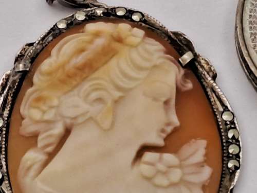 Vintage Silver (.800) Shell Cameo Pendant 27x35mm with chain