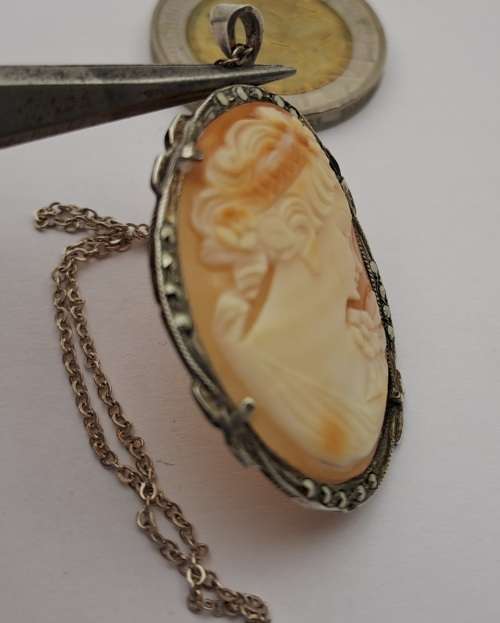 Vintage Silver (.800) Shell Cameo Pendant 27x35mm with chain