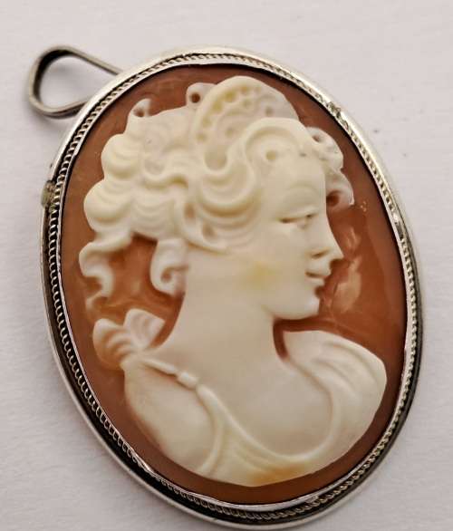 Vintage Silver (.800) Shell Cameo Pendant 29x22mm