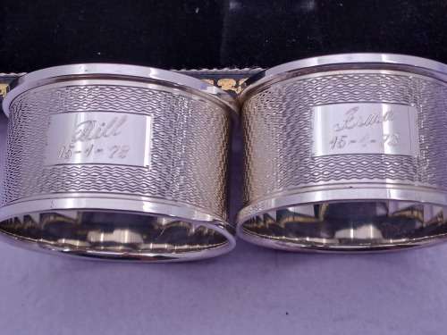 Pair of Vintage 1967&1968 Hallmarked STERLING SILVER napkin Rings Boxed-Engraved