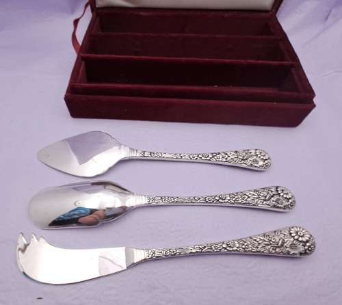 Set of 3 UNUSED Vintage Silver Art serving Utensils Silver Treasures By Goldinger -Boxed