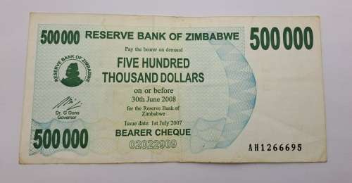 2007 Zimbabwe 500 000 Dollars Bearer Cheque