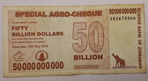 2008   Zimbabwe 50 000 000 000 Dollars Special Agro-Cheque