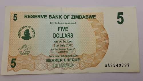 2006  Zimbabwe 5 Dollars Bearer Cheque
