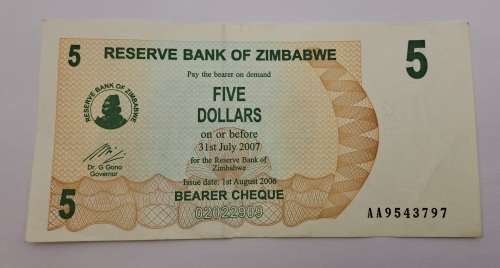 2006  Zimbabwe 5 Dollars Bearer Cheque