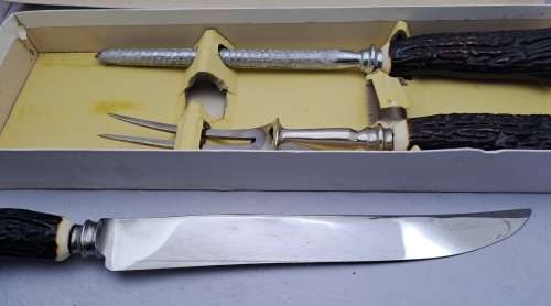 Antique horn handled three piece carving set in original box-Sheffield England