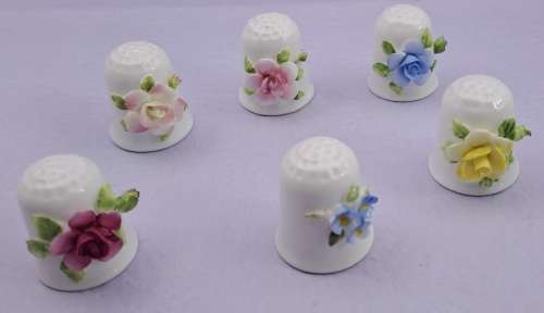 6 Vintage Coalport Floral Bone China Thimbles -England