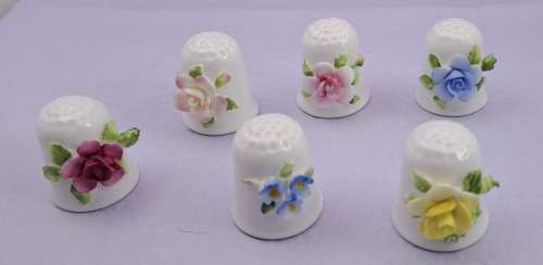 6 Vintage Coalport Floral Bone China Thimbles -England