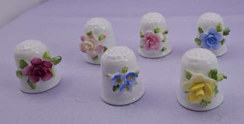 6 Vintage Coalport Floral Bone China Thimbles -England