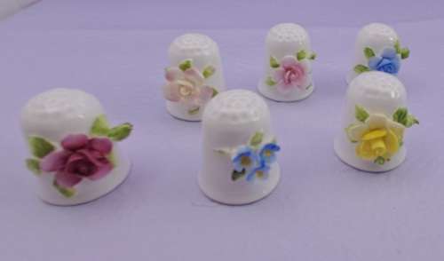 6 Vintage Coalport Floral Bone China Thimbles -England