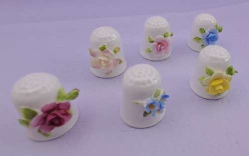 6 Vintage Coalport Floral Bone China Thimbles -England