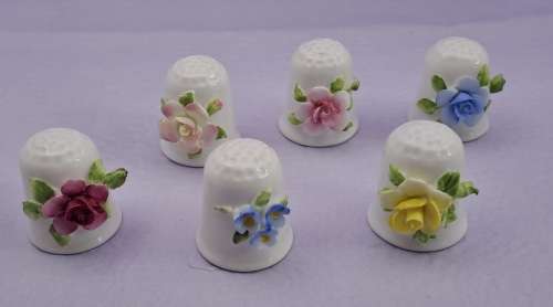 6 Vintage Coalport Floral Bone China Thimbles -England