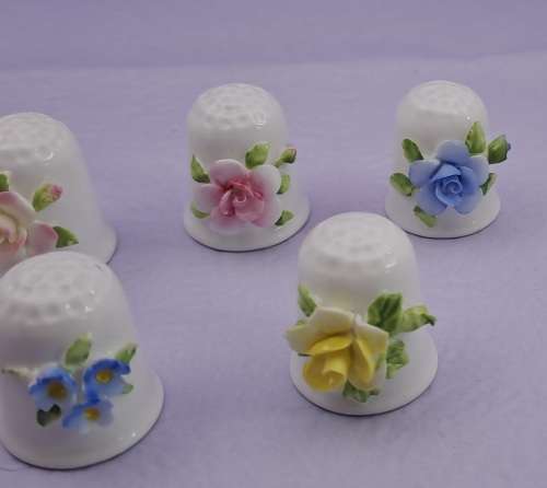 6 Vintage Coalport Floral Bone China Thimbles -England