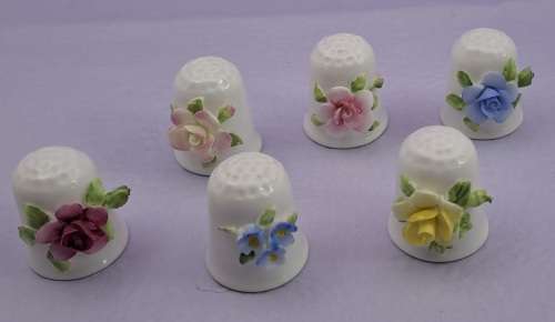 6 Vintage Coalport Floral Bone China Thimbles -England