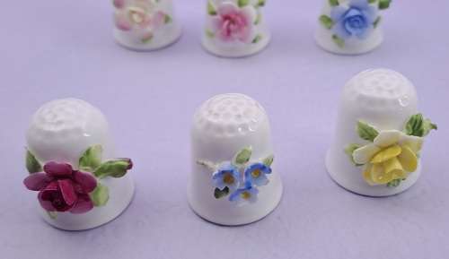 6 Vintage Coalport Floral Bone China Thimbles -England