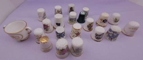 Lot of 22 Items - 21 Vintage Thimbles -plus 1 Miniature Cup (Doulton, spode etc. )
