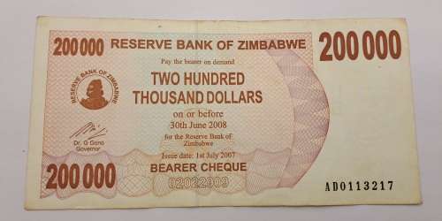 2007  Zimbabwe 200 000 Dollars Bearer Cheque
