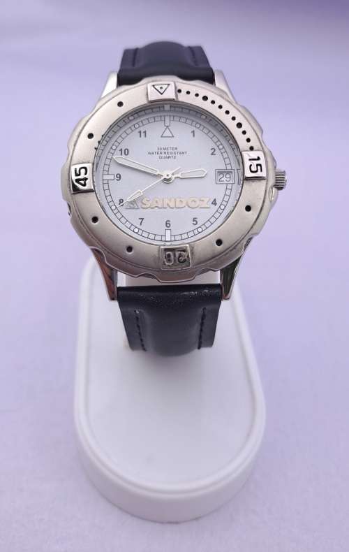 Vintage Sandoz 3 atm Quartz watch with Leather strap ..working (new Battery) original leather box