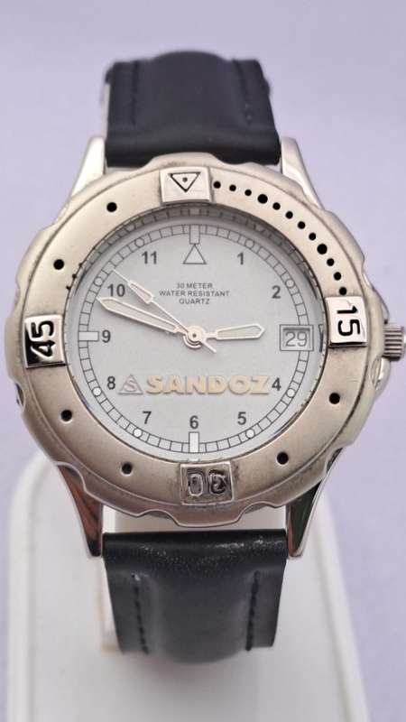 Vintage Sandoz 3 atm Quartz watch with Leather strap ..working (new Battery) original leather box
