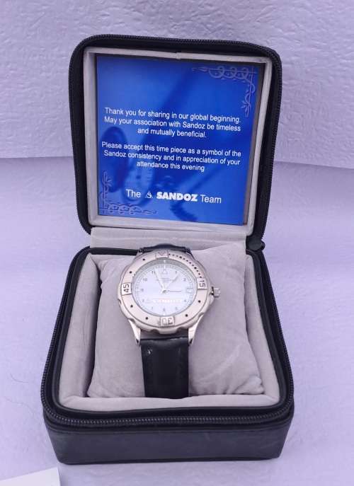 Vintage Sandoz 3 atm Quartz watch with Leather strap ..working (new Battery) original leather box
