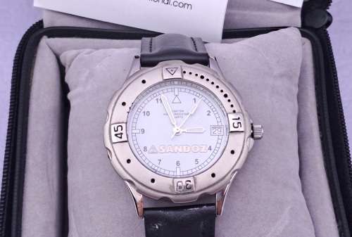 Vintage Sandoz 3 atm Quartz watch with Leather strap ..working (new Battery) original leather box