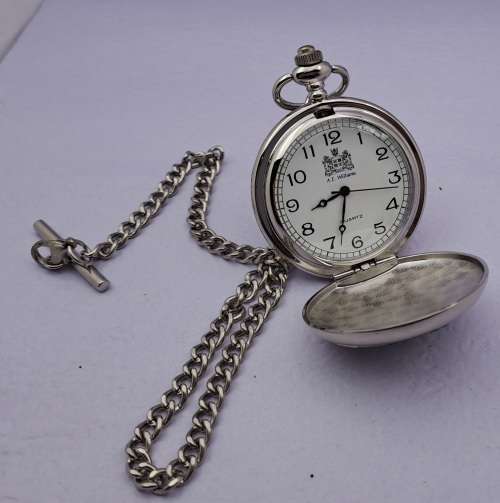 A.E Williams Pewter front Quartz pocket Watch on Chain -Working -New Battery-in box