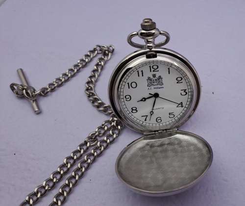 A.E Williams Pewter front Quartz pocket Watch on Chain -Working -New Battery-in box